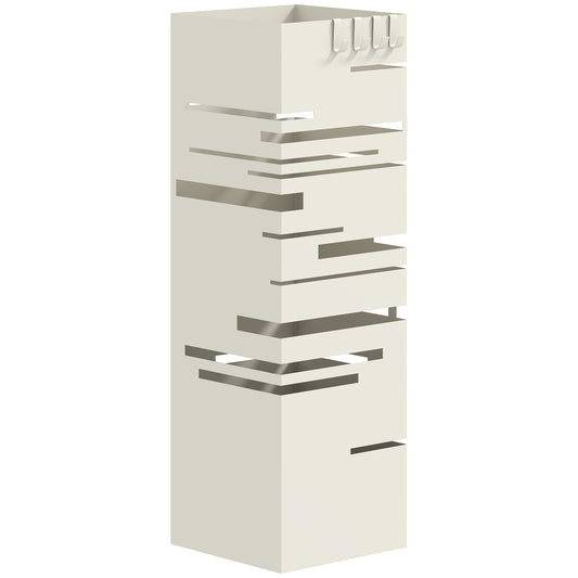 Portaombrelli Quadrato in Metallo con Vassoio Antigoccia Rimovibile e 4 Ganci, 15.5x15.5x49 cm, Beige