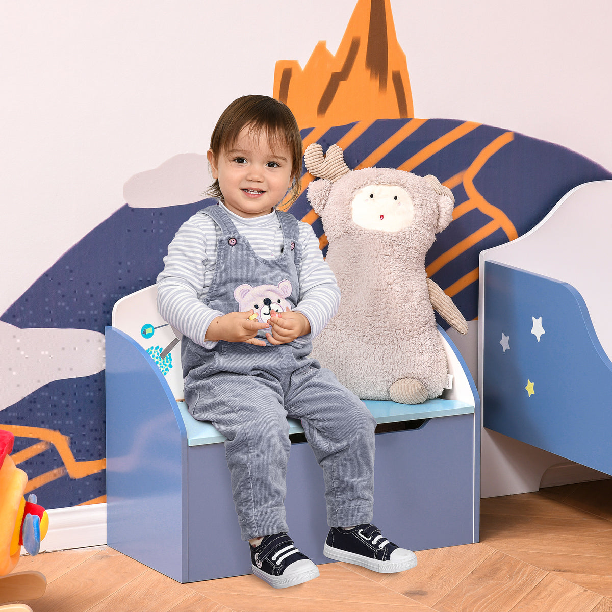 Panca Contenitore Portagiochi 2 in 1 in Legno, Cassapanca con Schienale per Bambini da 3-6 Anni, 60x30x50 cm, Blu