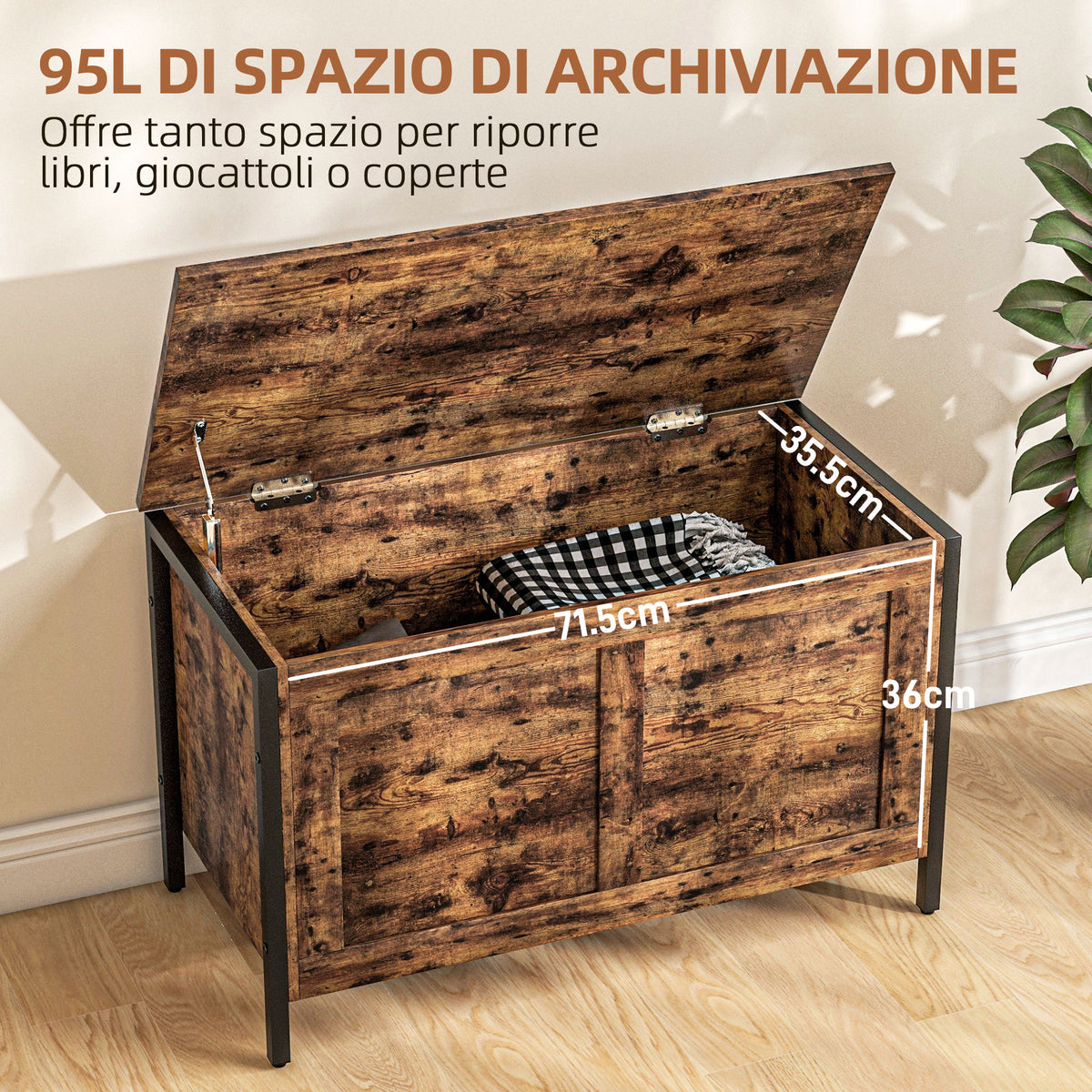 Cassapanca in Legno da 95L Stile Industriale con Coperchio e Cerniera di Sicurezza, 80x40x49cm, Marrone