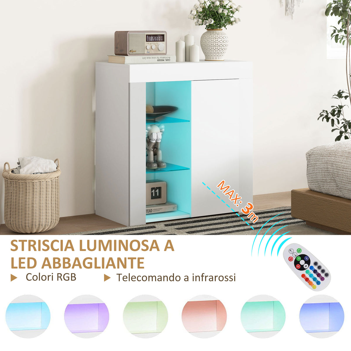 Mobile Contenitore a LED con 3 Ripiani Aperti e Armadietto a 2 Livelli, in Legno e Vetro, 75x40.1x83 cm, Bianco