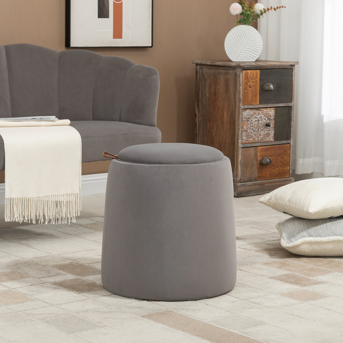 Pouf Contenitore in Velluto 2 in 1 Convertibile in Tavolino da Caffè, 44x47.5cm, Grigio