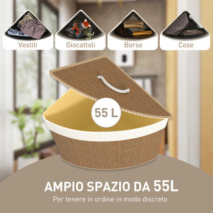 Cesto Portabiancheria Angolare in Bambù da 55L con Sacco Estraibile e Coperchio Removibile, 35x35x60 cm, Marrone
