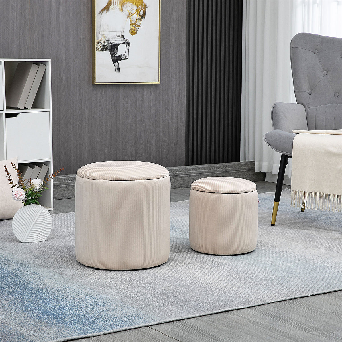 Set di 2 Pouf Contenitore Salvaspazio Rotondi e Imbottiti in Velluto a Coste, Bianco