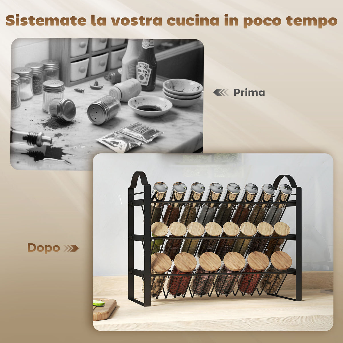 Portaspezie da Cucina a 3 Livelli, Organizer Salvaspazio con Ripiani Inclinati in Metallo, Nero