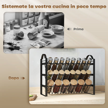 Portaspezie da Cucina a 3 Livelli, Organizer Salvaspazio con Ripiani Inclinati in Metallo, Nero