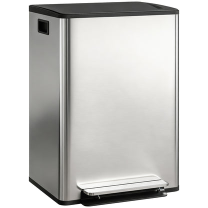 Pattumiera a Pedale con 2 Scomparti da 30L, Coperchio Ammortizzato e Secchi Rimovibili, Acciaio Inox, Argento