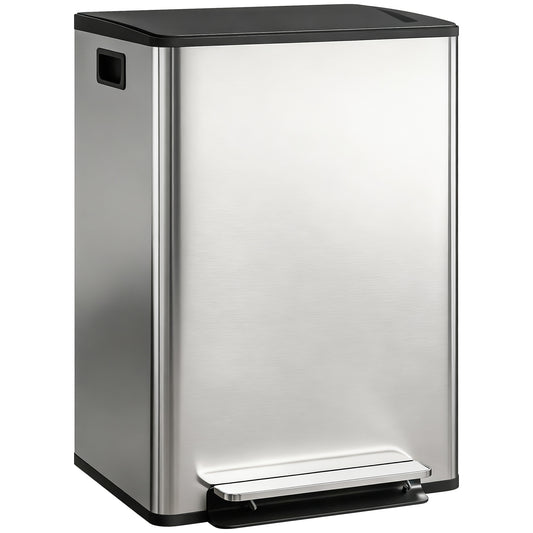 Pattumiera a Pedale con 2 Scomparti da 30L, Coperchio Ammortizzato e Secchi Rimovibili, Acciaio Inox, Argento