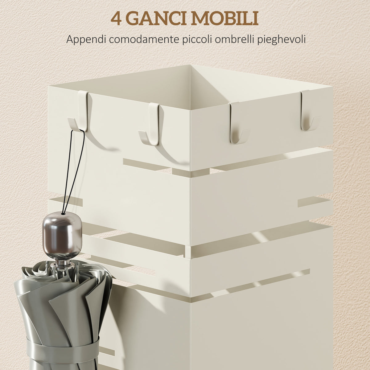 Portaombrelli Quadrato in Metallo con Vassoio Antigoccia Rimovibile e 4 Ganci, 15.5x15.5x49 cm, Beige