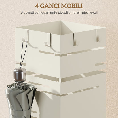 Portaombrelli Quadrato in Metallo con Vassoio Antigoccia Rimovibile e 4 Ganci, 15.5x15.5x49 cm, Beige
