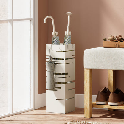 Portaombrelli Quadrato in Metallo con Vassoio Antigoccia Rimovibile e 4 Ganci, 15.5x15.5x49 cm, Beige