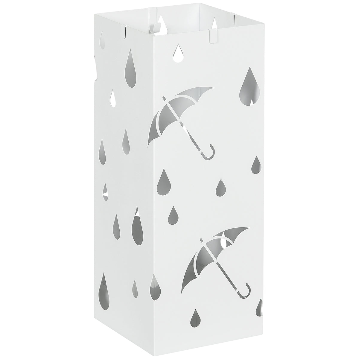 Portaombrelli in Metallo con 4 Ganci e Vaschetta Raccogligocce, 15.5x15.5x41cm, Bianco