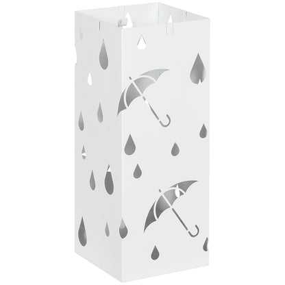 Portaombrelli in Metallo con 4 Ganci e Vaschetta Raccogligocce, 15.5x15.5x41cm, Bianco