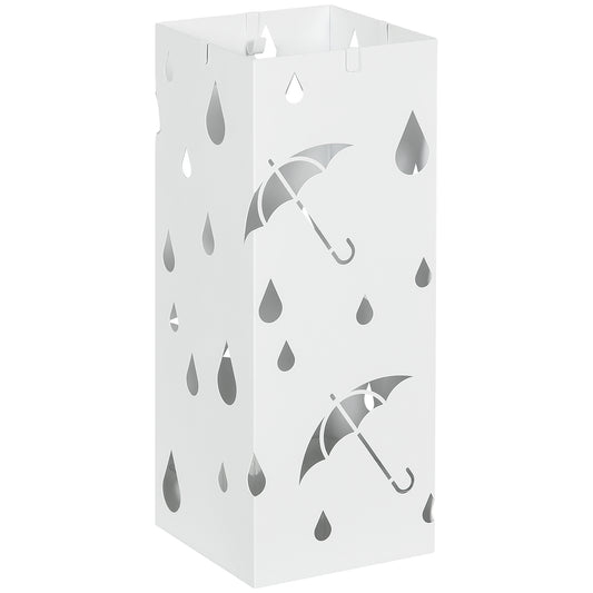 Portaombrelli in Metallo con 4 Ganci e Vaschetta Raccogligocce, 15.5x15.5x41cm, Bianco
