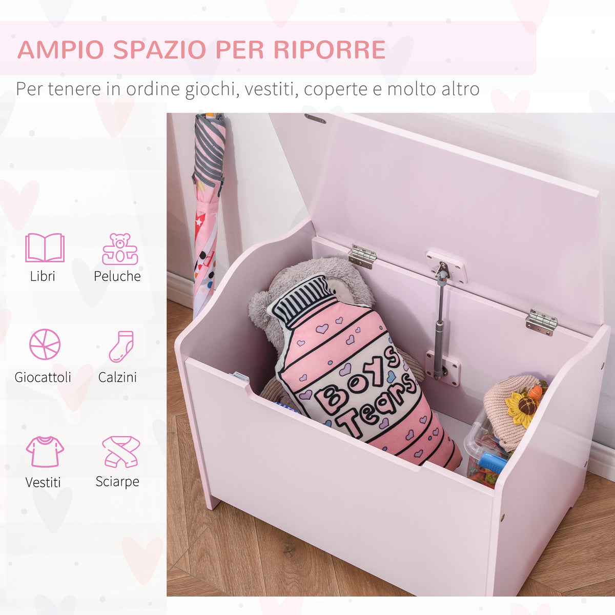 Cassapanca Portagiochi in Legno, Panca Contenitore per Cameretta Coperchio con Pistone Pneumatico, 60x40x48cm, Rosa