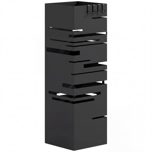 Portaombrelli Quadrato in Metallo con Vassoio Antigoccia Rimovibile e 4 Ganci, 15.5x15.5x49 cm, Nero