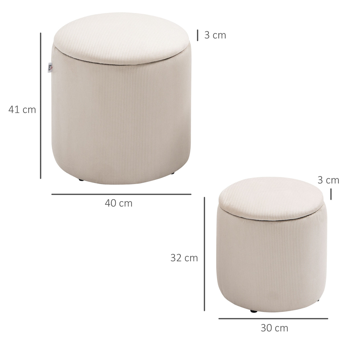 Set di 2 Pouf Contenitore Salvaspazio Rotondi e Imbottiti in Velluto a Coste, Bianco