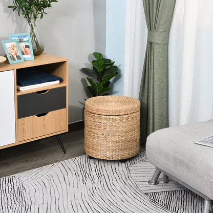 Pouf Contenitore Rotondo Stile Boho con Rivestimento Naturale, Tavolino da Salotto 43x43cm, Kaki