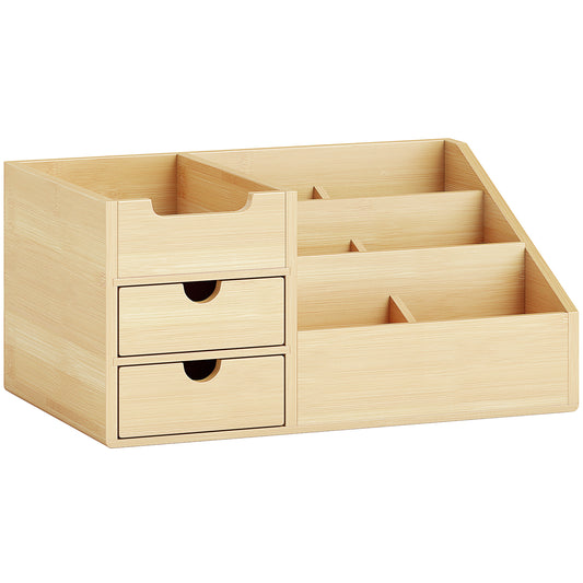 Organizer da Scrivania in Bambù con 2 Cassetti e 7 Scomparti Portaoggetti, 33x20.5x15.5 cm