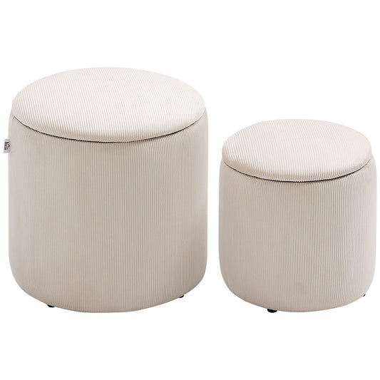 Set di 2 Pouf Contenitore Salvaspazio Rotondi e Imbottiti in Velluto a Coste, Bianco