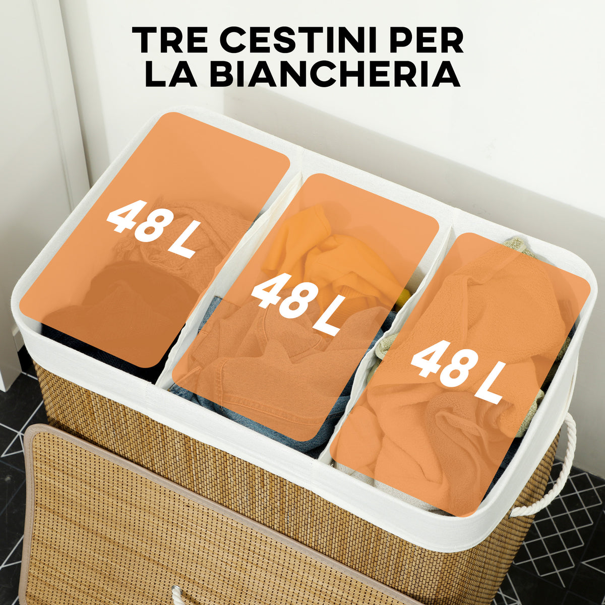 Cesto Portabiancheria in Bambù con Coperchio, 144L, 3 Scomparti, Sacca Removibile e Lavabile, Maniglie, Marrone
