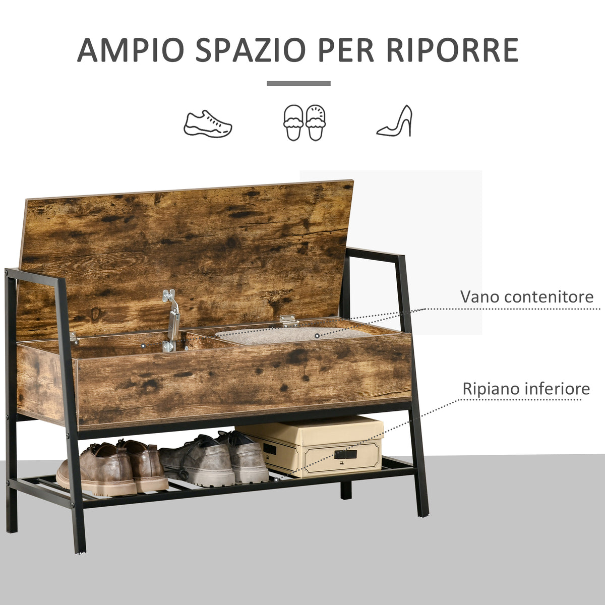 Mobile Scarpiera in Stile Industriale con Vano, Panca Scarpiera Vintage Salvaspazio in Legno e Metallo, Marrone Rustico, 90x37x60cm