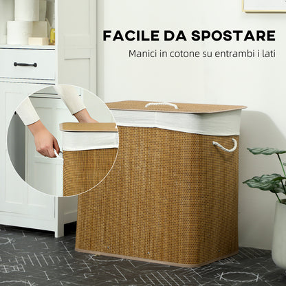 Cesto Portabiancheria in Bambù con Coperchio, 144L, 3 Scomparti, Sacca Removibile e Lavabile, Maniglie, Marrone