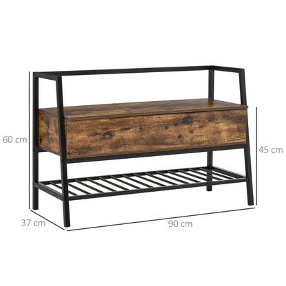 Mobile Scarpiera in Stile Industriale con Vano, Panca Scarpiera Vintage Salvaspazio in Legno e Metallo, Marrone Rustico, 90x37x60cm