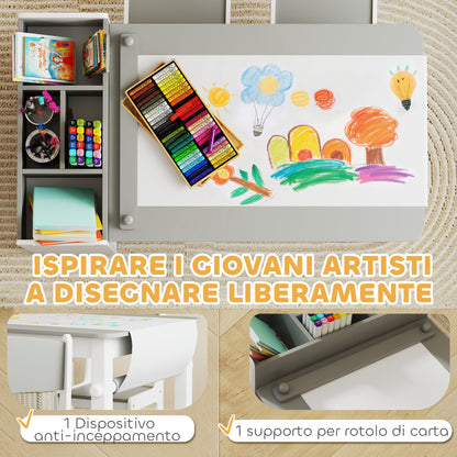Set Tavolo e Sedie per Bambini con 2 Sedie e Tavolino Contenitore, in Legno e Tessuto non Tessuto, Grigio e Bianco