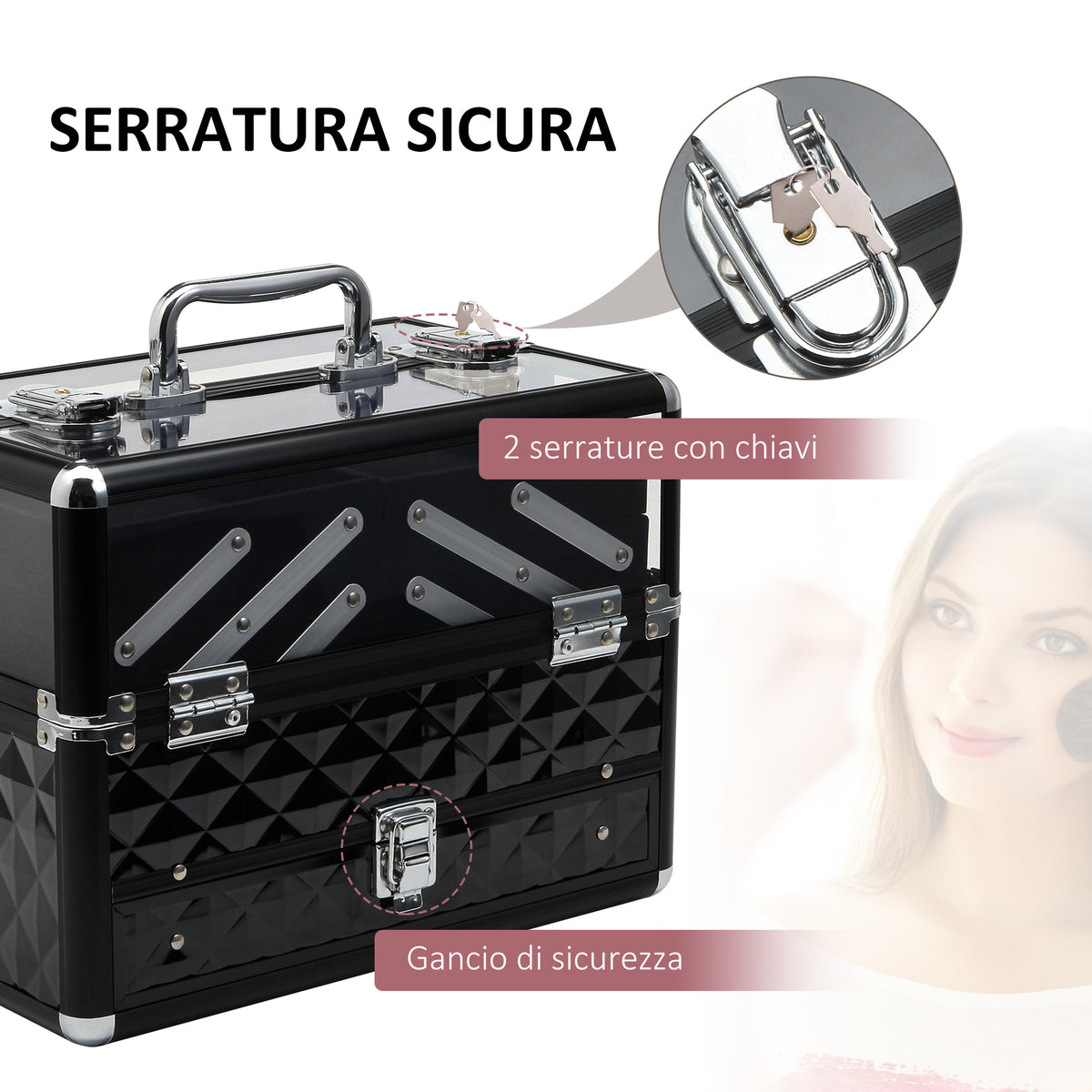 Valigetta Porta Trucchi Professionale da Viaggio, Valigetta Trucchi con Vassoi Estraibili e Serratura, per Makeup Beauty Case Donna Viaggio, 30x18.5x22 cm, Nero