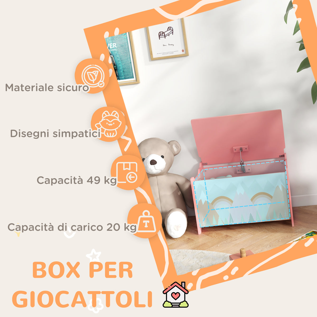 Baule Portagiochi per Bambini con Coperchio e Cerniera di Sicurezza in MDF, 60x37x39cm, Rosa