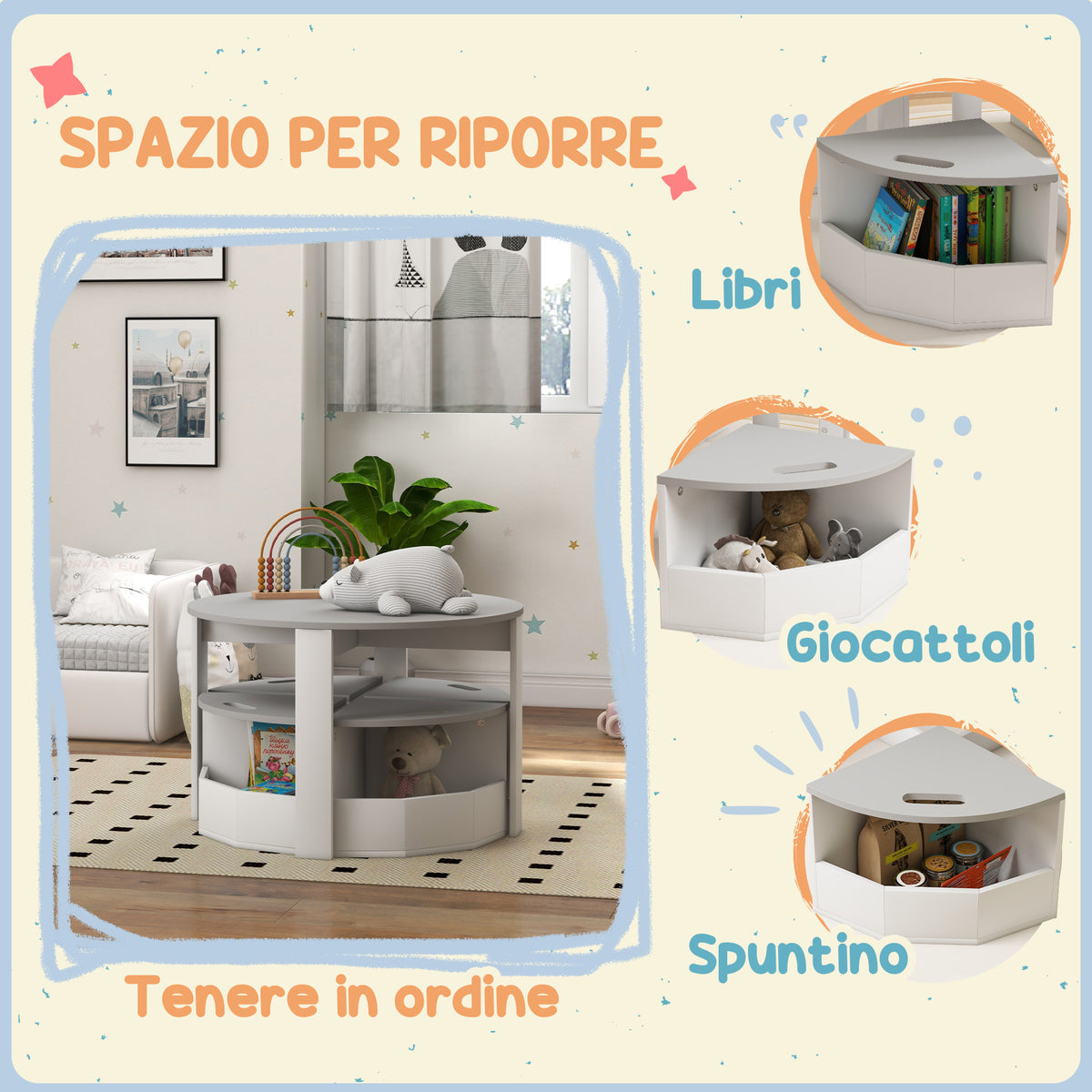 Set con Tavolo per Bambini e 4 Sgabelli Salvaspazio con Vano Contenitore in Legno, Grigio
