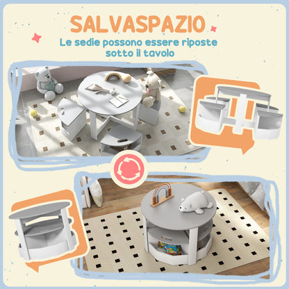 Set con Tavolo per Bambini e 4 Sgabelli Salvaspazio con Vano Contenitore in Legno, Grigio