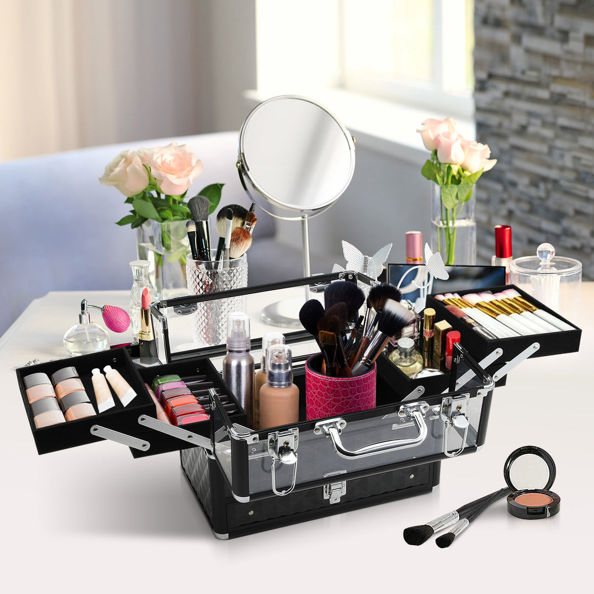 Valigetta Porta Trucchi Professionale da Viaggio, Valigetta Trucchi con Vassoi Estraibili e Serratura, per Makeup Beauty Case Donna Viaggio, 30x18.5x22 cm, Nero