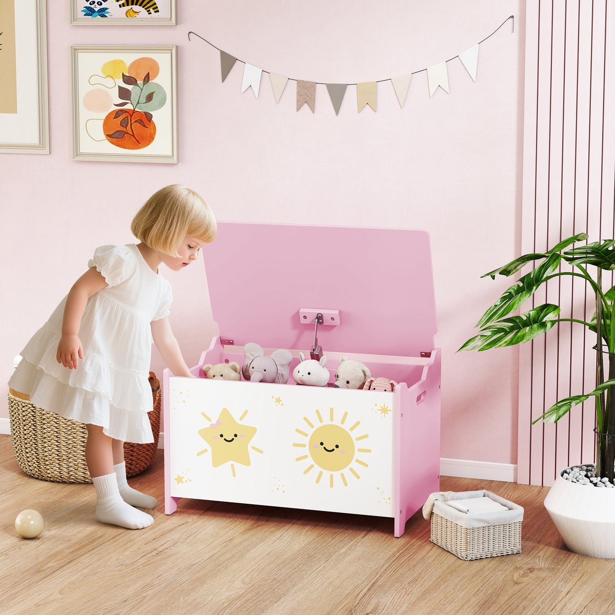 Baule Portagiochi con Coperchio per Bambini per Giocattoli e Vestiti, 60x37x39 cm, Rosa