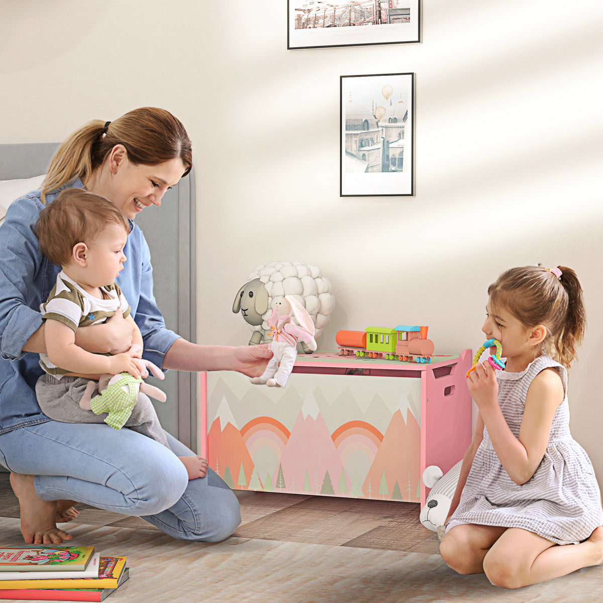 Baule Portagiochi per Bambini con Coperchio e Cerniera di Sicurezza in MDF, 60x37x39cm, Rosa