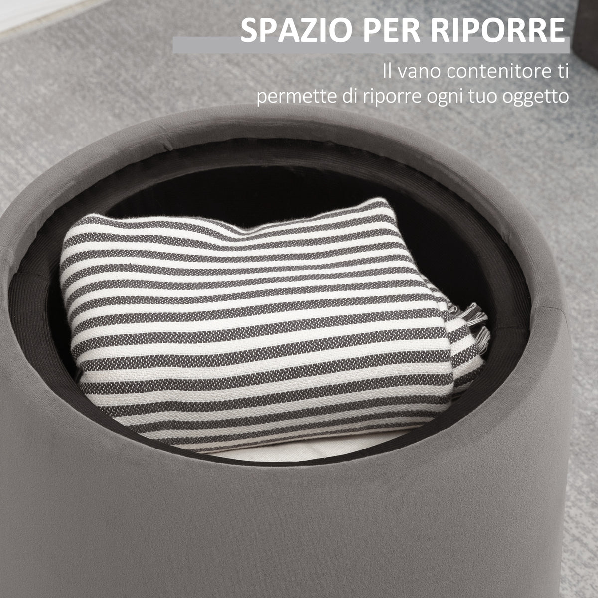Pouf Contenitore in Velluto 2 in 1 Convertibile in Tavolino da Caffè, 44x47.5cm, Grigio