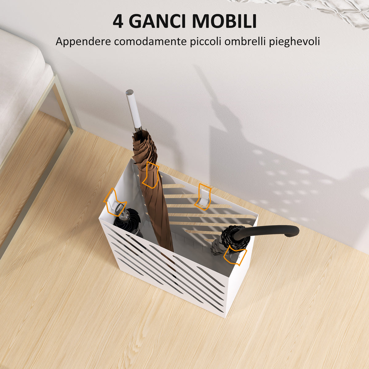 Portaombrelli di Design con Vaschetta Raccogli Gocce e 4 Ganci in Metallo, 28x14x41 cm, Bianco