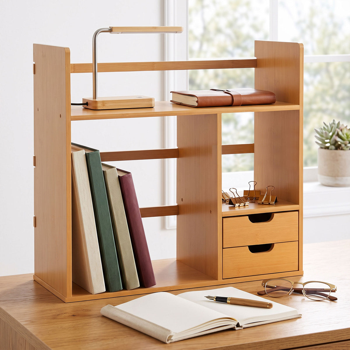Organizer da Scrivania in Bambù con 2 Cassetti, Portaoggetti Multifunzionale Porta Cancelleria e Documenti con Ripiani, Uso Reversibile