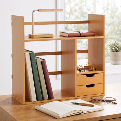 Organizer da Scrivania in Bambù con 2 Cassetti, Portaoggetti Multifunzionale Porta Cancelleria e Documenti con Ripiani, Uso Reversibile