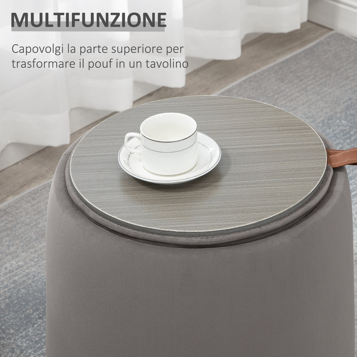 Pouf Contenitore in Velluto 2 in 1 Convertibile in Tavolino da Caffè, 44x47.5cm, Grigio