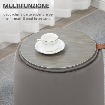 Pouf Contenitore in Velluto 2 in 1 Convertibile in Tavolino da Caffè, 44x47.5cm, Grigio